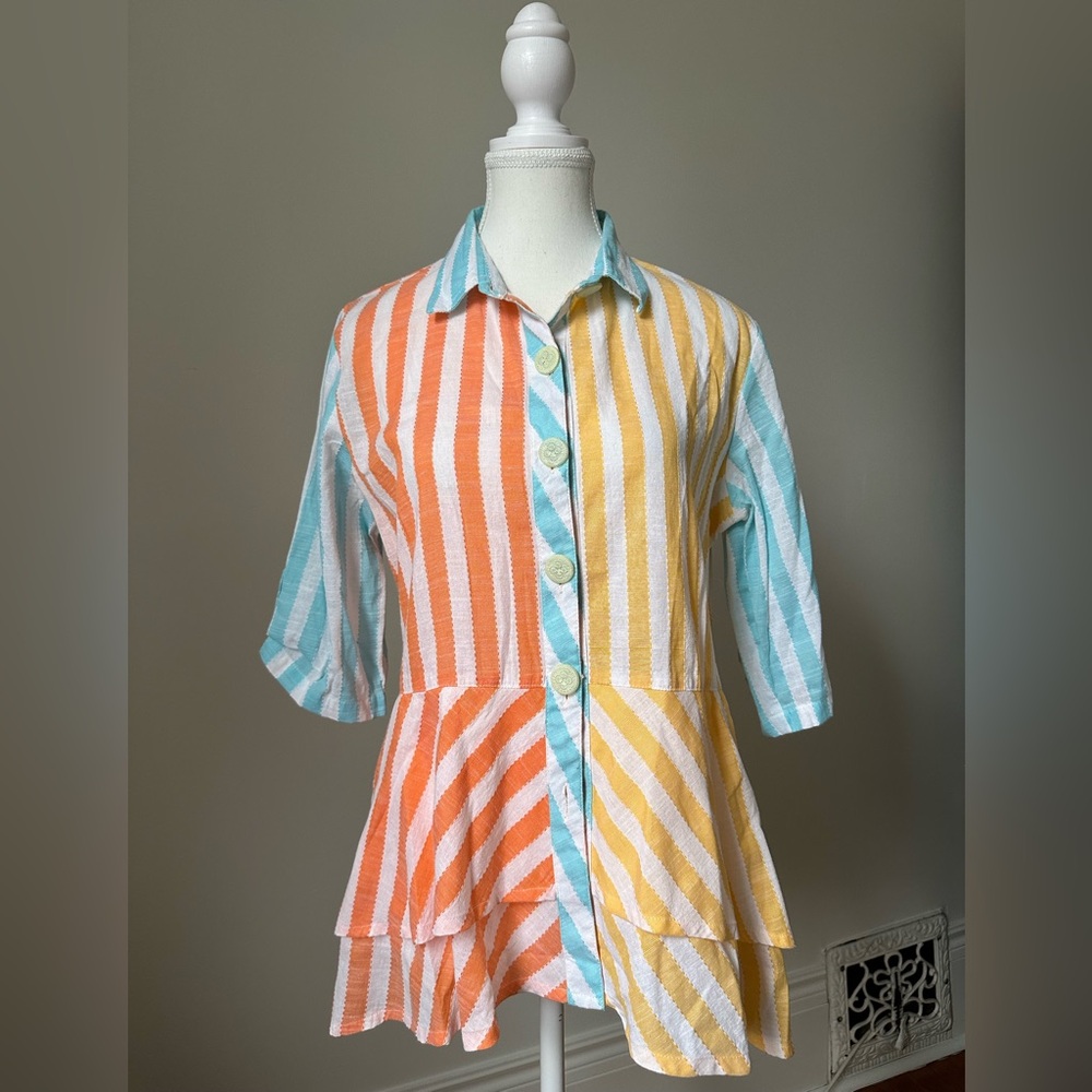 PARSLEY & SAGE Colourful Striped 3/4 Sleeve Peplum Lagenlook Blouse Size Medium